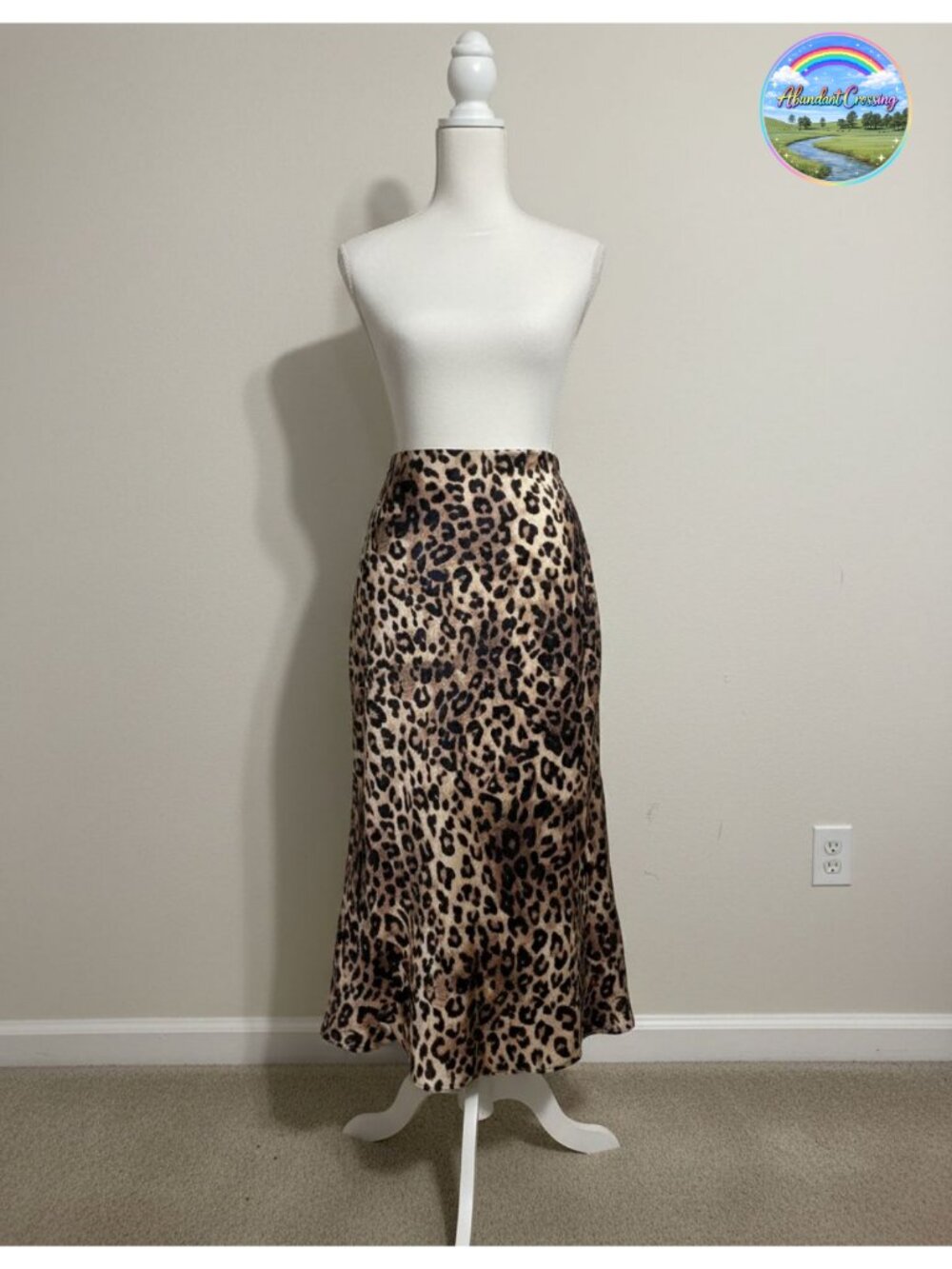 High Waisted Satin Maxi Skirt A-Line Silk Leopard Long Skirt